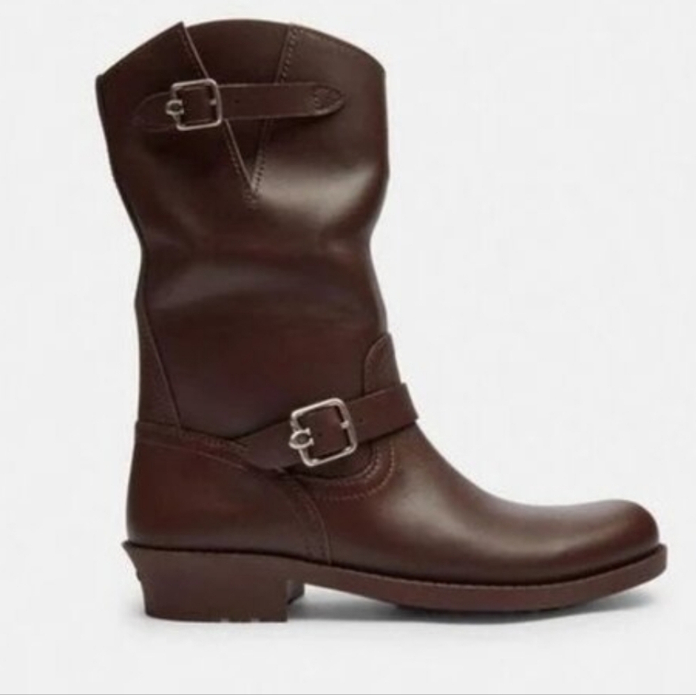 NEW! COACH Dark Brown Dawn Leather Slouchy Relaxed Design Moto Boots 11.